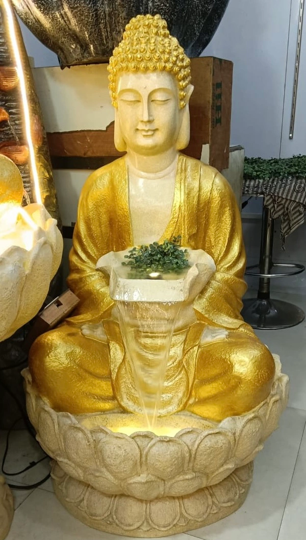 Water Fountain Fiber Buddha Water Fountain (Cream) with Light & Water Pump - 3Feet, Cream