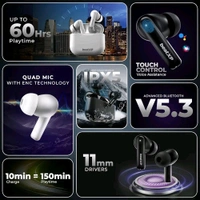 beatXP Vibe XPods Bluetooth True Wireless Ear buds with 60H Playtime, Quad Mic ENC - Black
