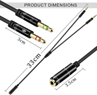 Gold Plated 3.5mm Stereo 2 Male to 1 Female Y-Splitter AUX Cable with Separate Headphone/Earphone/Microphone - (33cm) -Round version Black