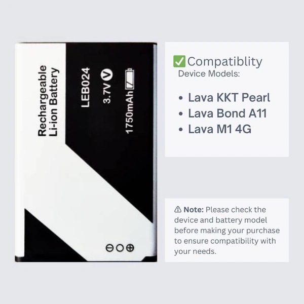 LEB024 1750mAh Battery for Lava KKT Pearl, Lava Bond A11, Lava Connect M1 4G (3 Months Warranty)