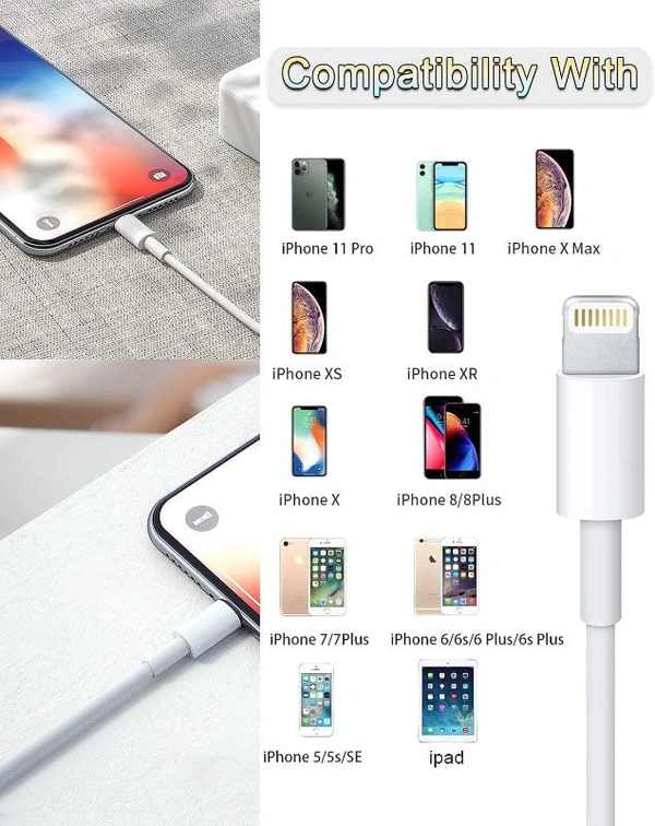Lightning to USB Cable Apple Certified (Mfi) Sync & Charge Cable for iPhone, Ipad and iPod. Fast Charging Lightning Cable, (1.M) - White