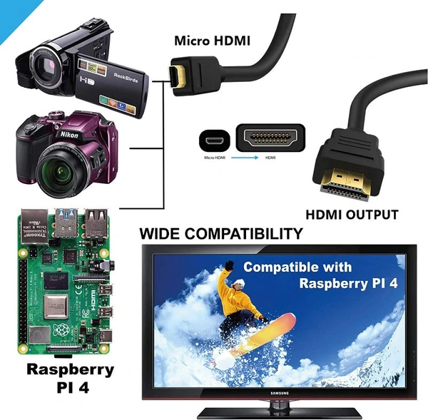 Micro HDMI to HDMI Cable, 4K 60Hz , 1.5 Meter 5 feet, Adapter Ethernet Audio Return Compatible for Raspberry Pi 4 RPI, Raspberry Pi 400, GoPro Hero 7, Sony A6000 A6300 Camera, Nikon B500 ( NOT MINI DP