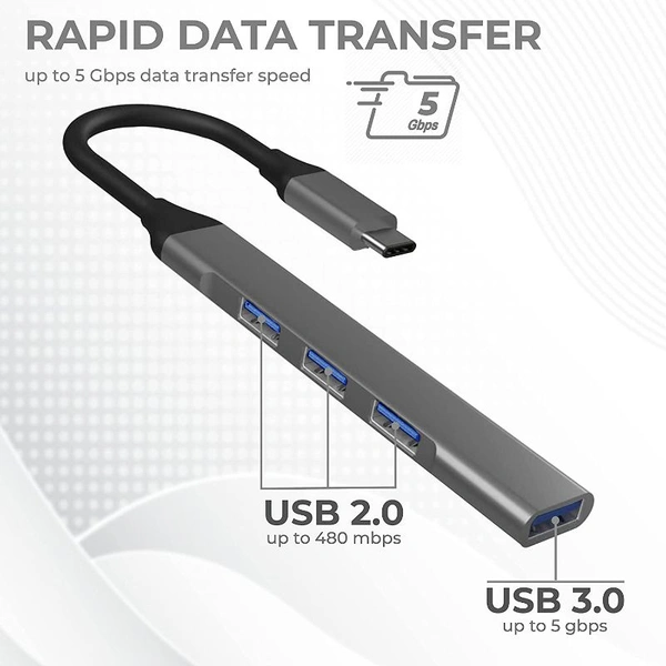 4 in 1 Portable USB C Hub (Type-C to 4 USB-A Ports) with Aluminum Shell, USB Port Hub 3.0 (Pack of 2 )