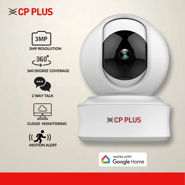 P PLUS 3MP Full HD Smart Wi-fi CCTV Home Security Camera | 360° View | 2 Way Talk | Cloud Monitor | Motion Detect | Night Vision | Supports SD Card, Alexa & Ok Google | 15 Mtr, White- CP-E31A - White