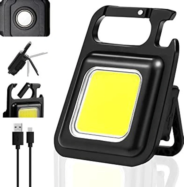 The Genuine Keychain LED Light with Bottle Opener, Magnetic Base and Folding Bracket Mini COB 500 Lumens Rechargeable Emergency Light (Square with 4 Modes)