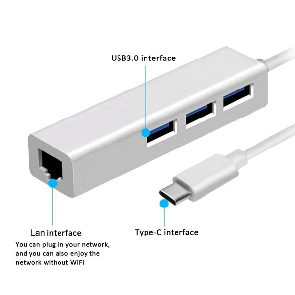 Type -C to 3-Port USB Hub + RJ45 Adapter - Type-C to Gigabit Ethernet LAN Network+3 USB Ports Converter for MacBook/Pro/iMac/ChromeBook/Pixel...