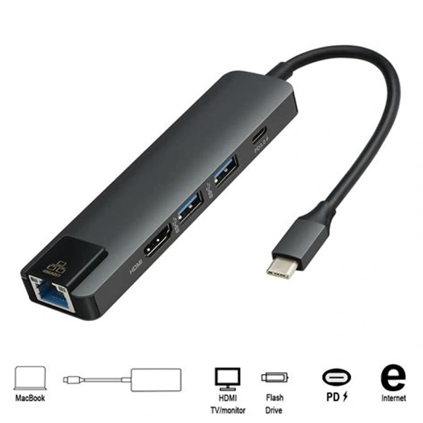 Type-C To HDMI 5 IN 1 Lan+Type-c+USB 3.0+HDMI
