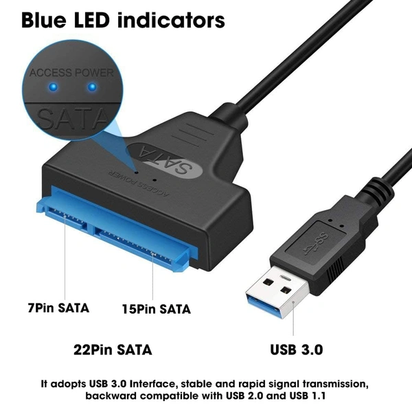 USB 3.0 SATA III Hard Drive Adapter Cable, SATA to USB Adapter Cable for 2.5 inch (6.35 cm) SSD & HDD, Support UASP, 9 inch(22 cm), Black
