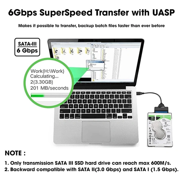 USB 3.0 SATA III Hard Drive Adapter Cable, SATA to USB Adapter Cable for 2.5 inch (6.35 cm) SSD & HDD, Support UASP, 9 inch(22 cm), Black