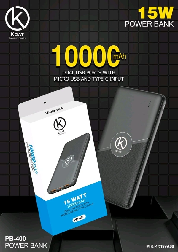 Koat PB - 400 15watt 10000mah Dual Usb Port Power Bank With 1 Year Warranty 