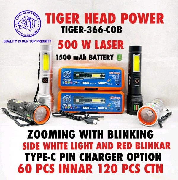 Tiger Head Power Hp-366 (COB) Zooming With Blinking Torch (1500Mah Battery Type C Port Charger)
