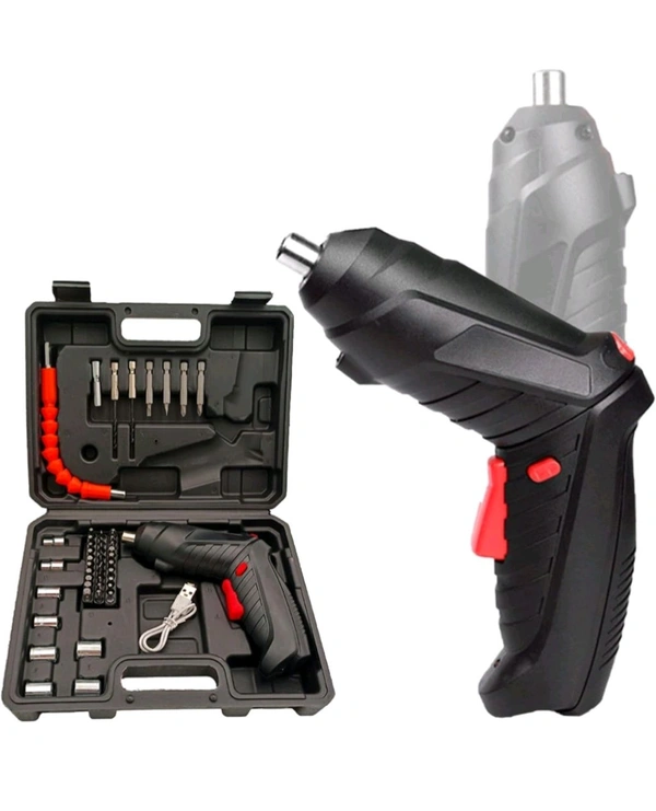 Electric Cordless Screwdriver Kit Set with USB Cable & Rechargeable Battery | Lightweight Design With LED Light | Screwing & Drilling Set For Home, Office & DIY Projects - Black