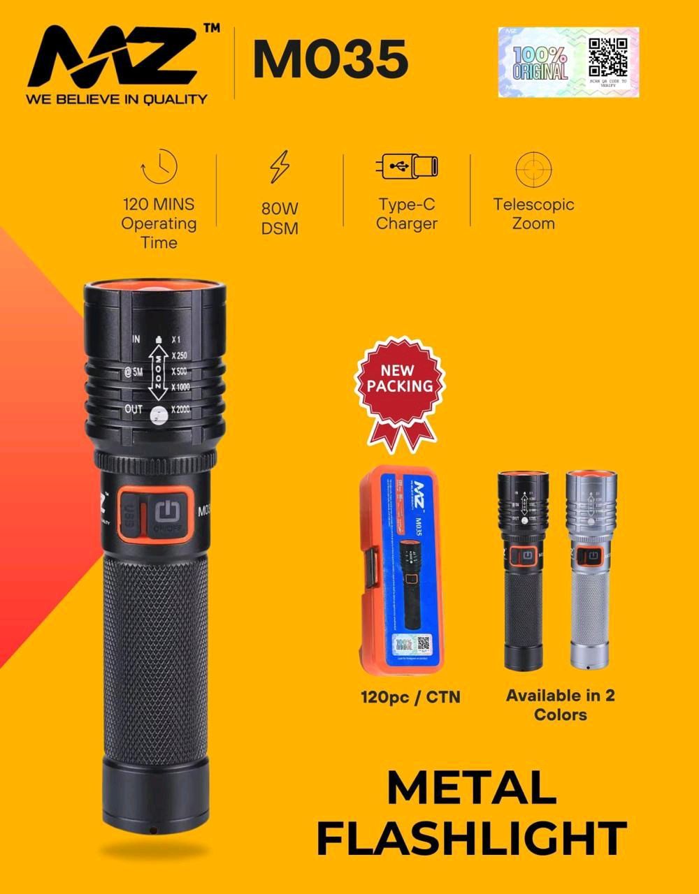 Mz M-035 Metal Zooming/Blinking Flashlight (Type C Port , Black