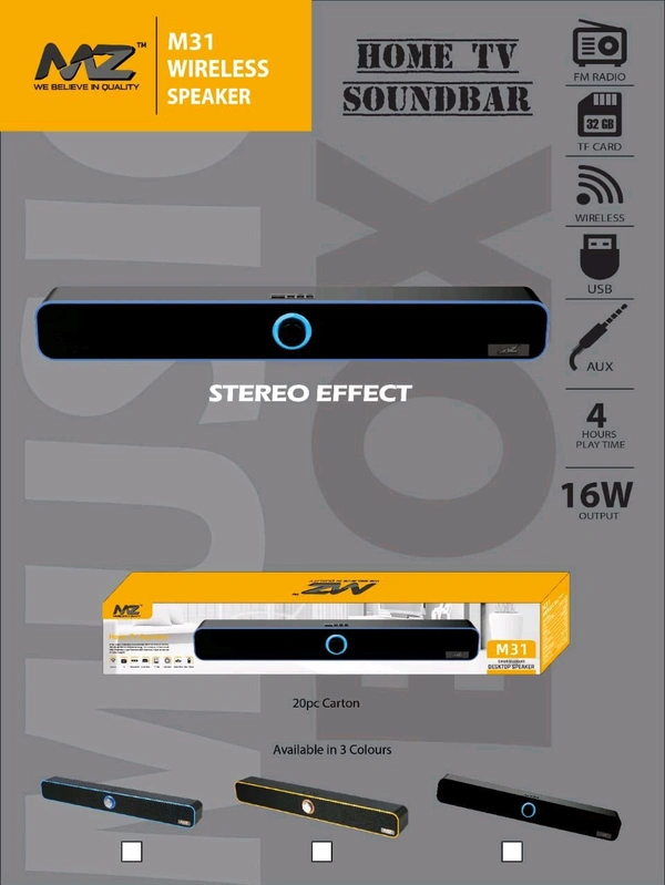 MZ M-31 Home Tv Sound Bar Speaker 🔊 (16Wts Output , TF Card Slot , USB , Aux)