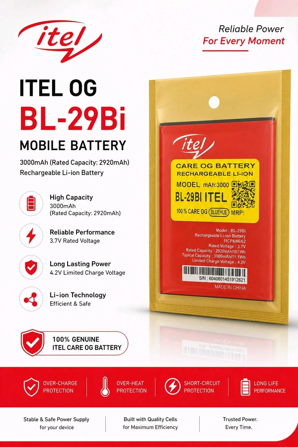 ITEL Mobile Battery BL-29 BI 3000Mah (Rated Capacity 2920Mah , 3.7V , 6 Months Warranty)