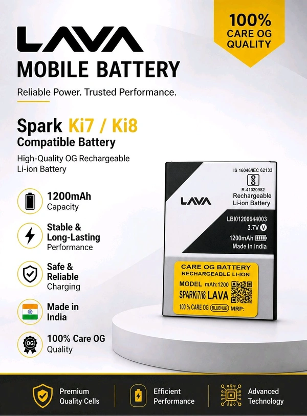 New Lava Mobile Battery Spark Ki7/i8 (Rechargeable 1200Mah Capacity , 6 Month Warranty)