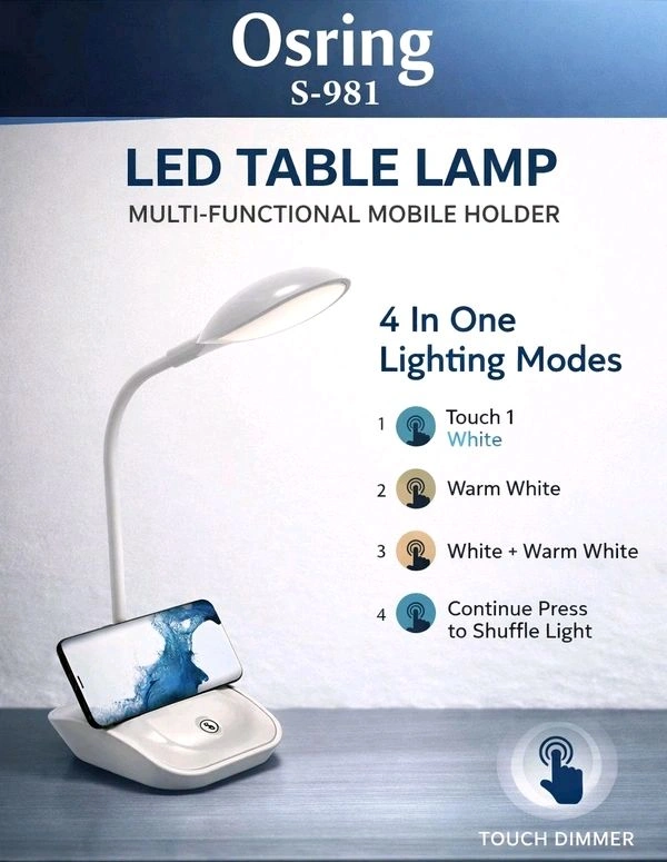 LED S-981 Table Lamp (Multifunctional Phone Holder , 4in1 , White , Warm White , White+Warm White & Continue Press To Shuffle Light)