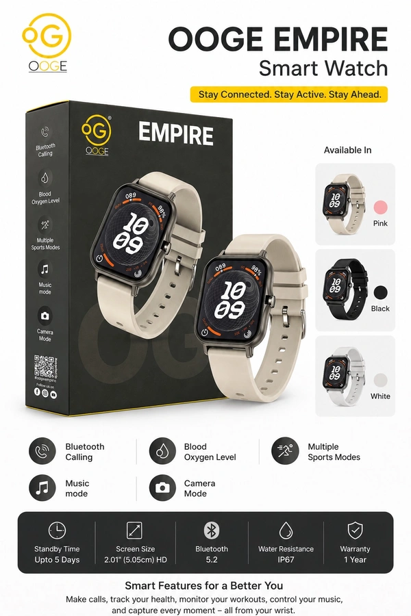 OOGE EMPIRE Premium Smart Watch – Bluetooth Calling, HD Display, Health Monitoring & Multi Sports Modes(1 Years Warranty)
