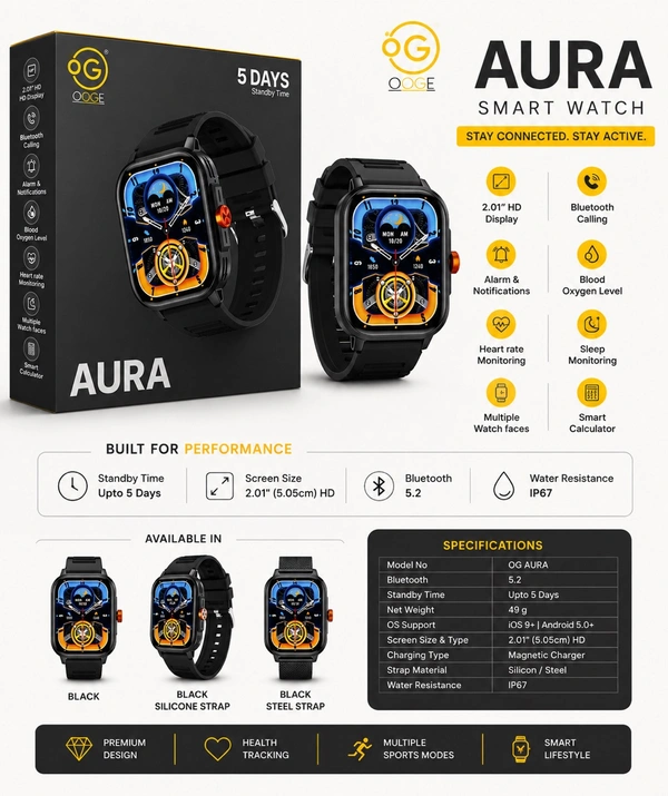 OOGE AURA Premium Smart Watch – Bluetooth Calling, Health Monitoring, 2.01” HD Display & Smart Calculator(One Year Warranty)