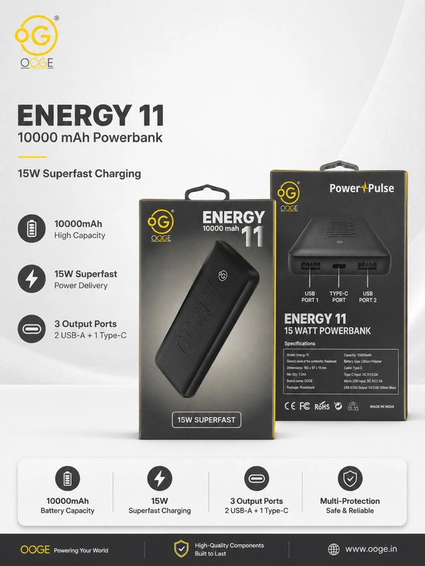 OOGE Energy 11 Power Bank 10000mAh – 15W Superfast Charging, Dual USB & Type-C, High Capacity Battery (1 Years Warranty)