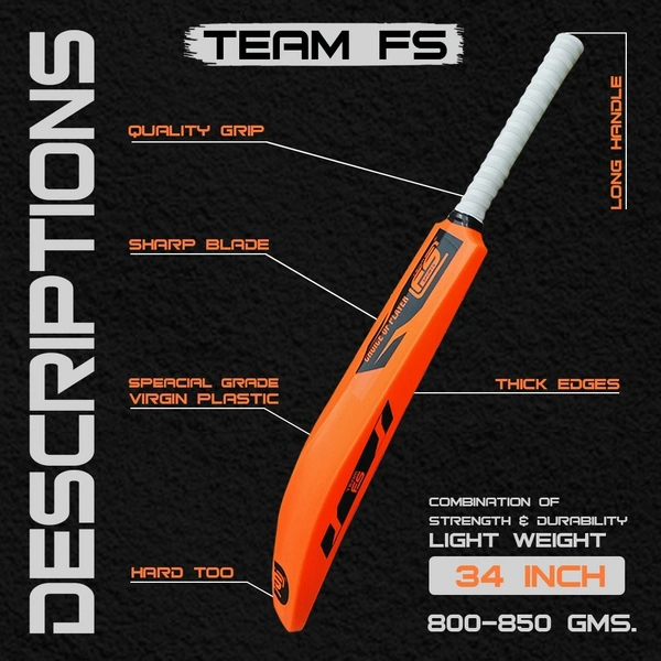 Team FS Sports Full Size Plastic Cricket Bat – Lightweight, Durable, Orange Color | For Practice & Tennis Ball Cricket
