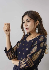 VDT Navy Blue Long Umbrella Kurti with Foil Peacock prints 162 - Navy Blue, 1, 38