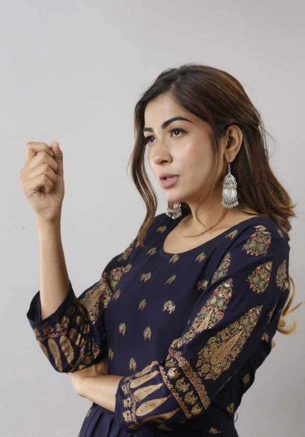 VDT Navy Blue Long Umbrella Kurti with Foil Peacock prints 162 - Navy Blue, 1, 38