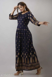 VDT Navy Blue Long Umbrella Kurti with Foil Peacock prints 162 - Navy Blue, 1, 38