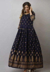 VDT Navy Blue Long Umbrella Kurti with Foil Peacock prints 162 - Navy Blue, 1, 38