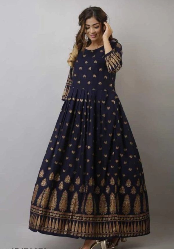 VDT Navy Blue Long Umbrella Kurti with Foil Peacock prints 162 - Navy Blue, 1, 38