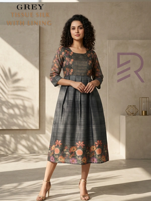 Minmini Designer Frock | 3/4th Sleeve| Tissue Silk |with Lining| Grey | FW46003 - M, Grey