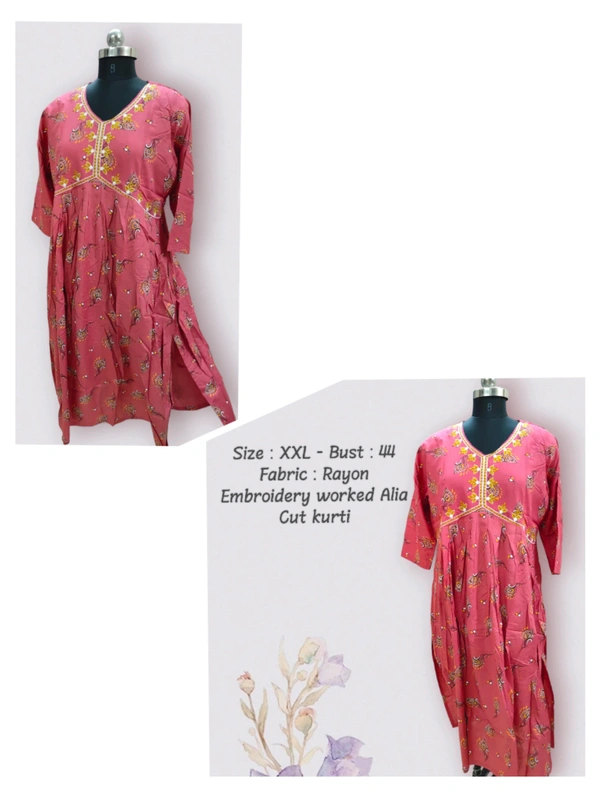 VDT Alia Cut Embroidery Worked Kurti 160 - Tickle Me Pink, XXL