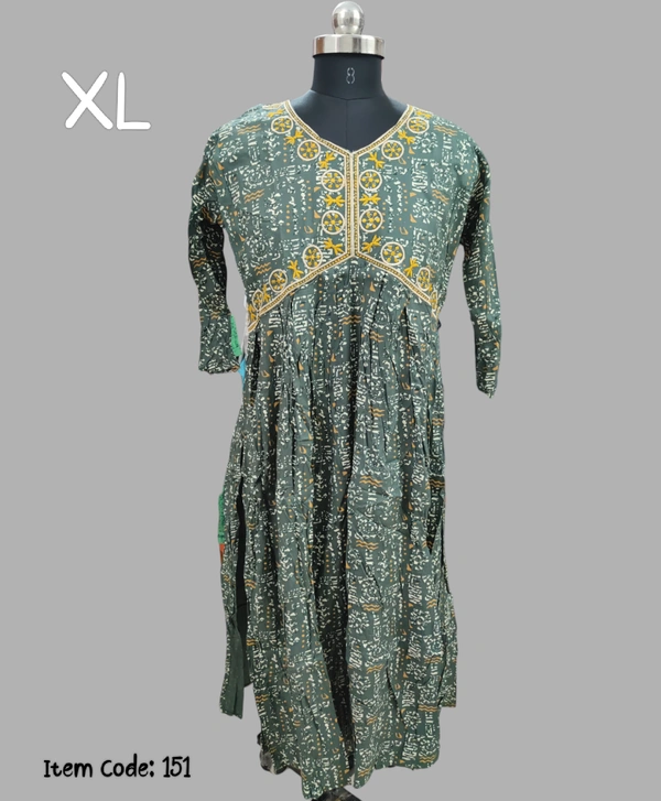 VDT Alia Cut Embrodiery Kurti 151 - Olive Green, XL