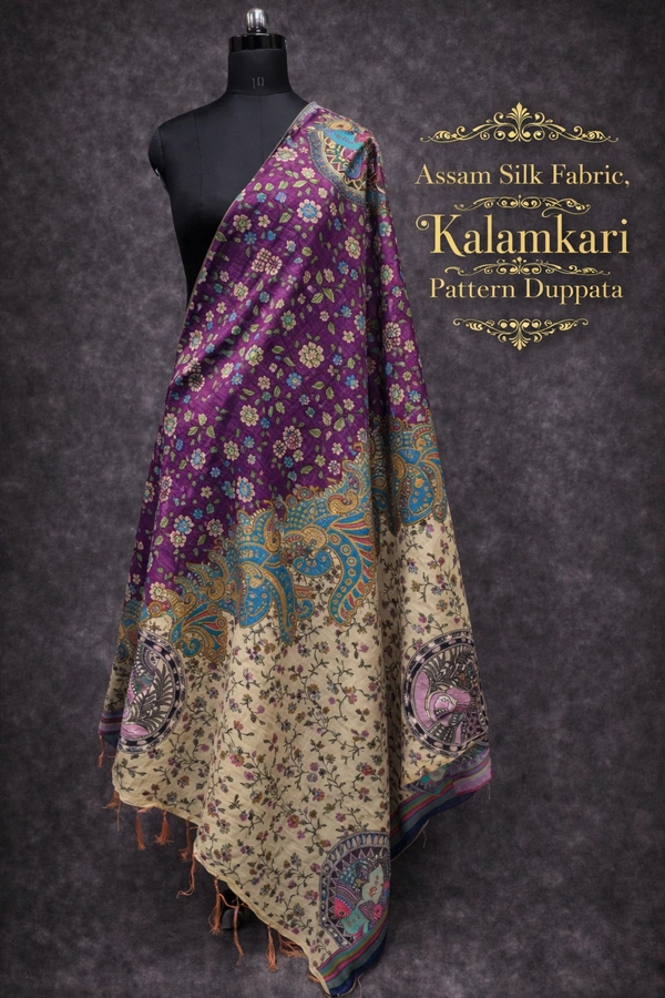 Minmini Assam Silk Duppata|Kalamkari Pattern Prints| 2.25 mts Length| Multi color | AS195007 - Multi colour, FS
