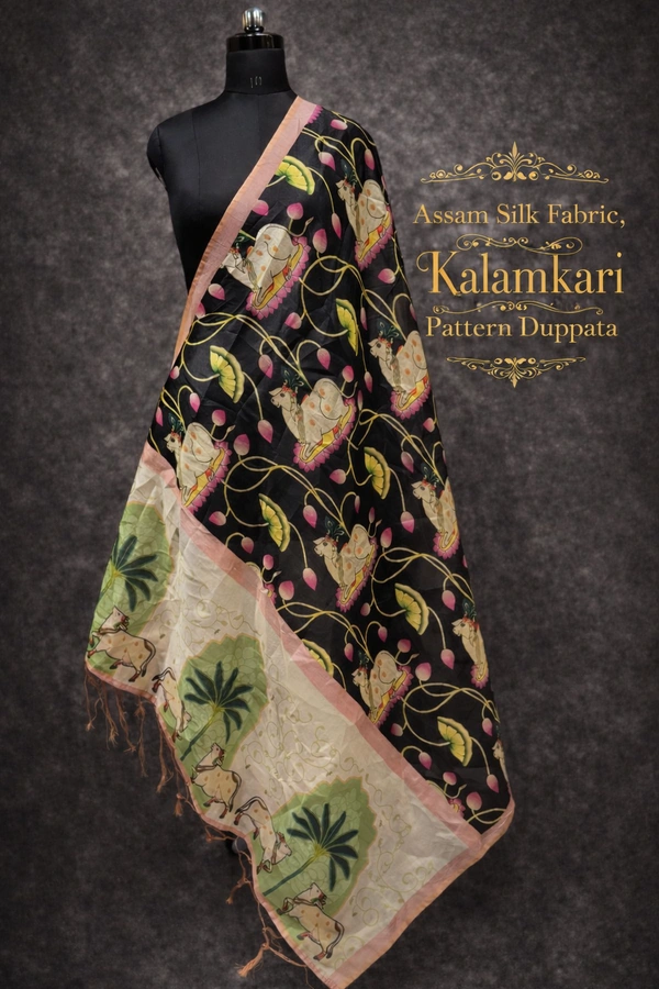 Minmini Assam Silk Duppata|Kalamkari Pattern Prints| 2.25 mts Length| Black | AS1950015 - Black, FS