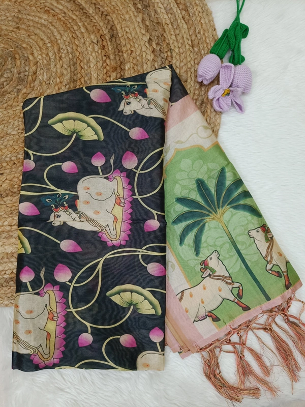 Minmini Assam Silk Duppata|Kalamkari Pattern Prints| 2.25 mts Length| Black | AS1950015 - Black, FS