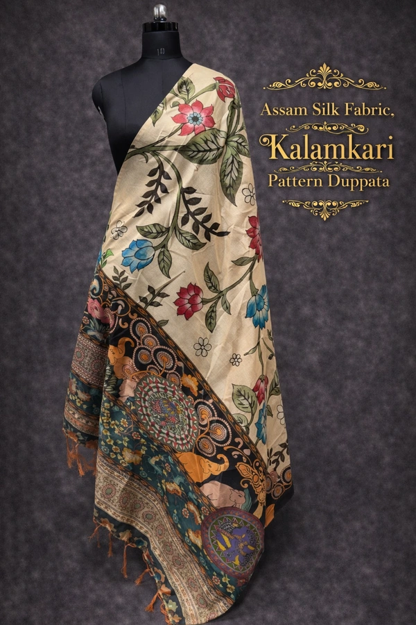 Minmini Assam Silk Duppata|Kalamkari Pattern Prints| 2.25 mts Length| Multi colour | AS195002 - Multi colour, FS