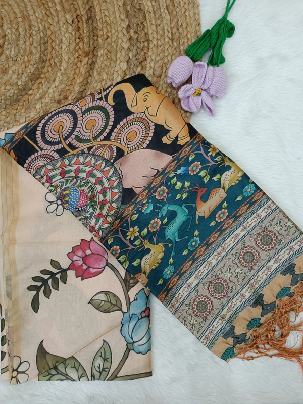 Minmini Assam Silk Duppata|Kalamkari Pattern Prints| 2.25 mts Length| Multi colour | AS195002 - Multi colour, FS