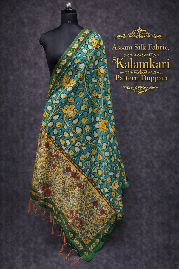 Minmini Assam Silk Duppata|Kalamkari Pattern Prints| 2.25 mts Length| Multi colour | AS195003 - Multi colour, FS