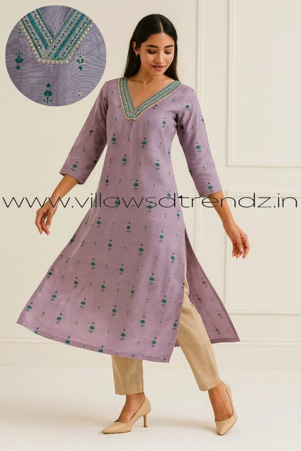 Avaasa Kurtis| Side Cut| 3/4th Sleeve| Lavender | AV250087 - M, Lavender