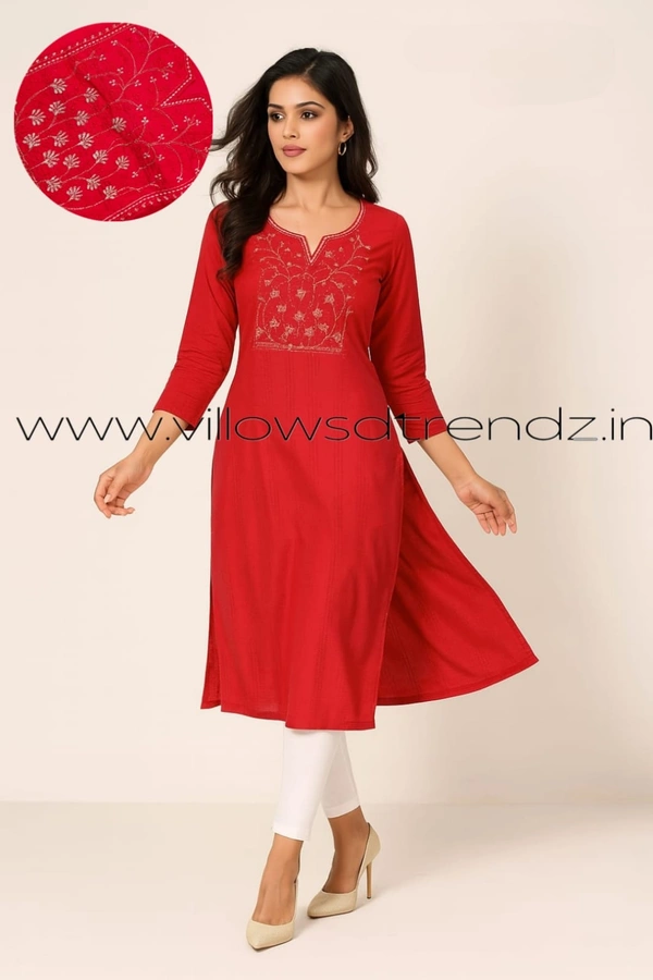 Avaasa Kurtis| Side Cut| 3/4th Sleeve| Red | AV240076 - 2XL, Red