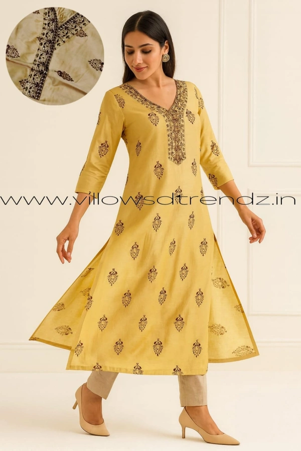 Avaasa Kurtis| Side Cut| 3/4th Sleeve| Yellow | AV250084 - 2XL, Yellow