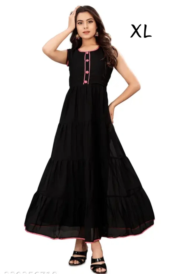 Villows Black and pink combination Georgette western frock 491 - XL, Black