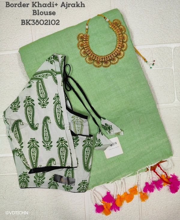 Ruthvi Ethincs Border Khadi With Ajrakh Blouse BK3802102 - Light Green, Saree With Blouse