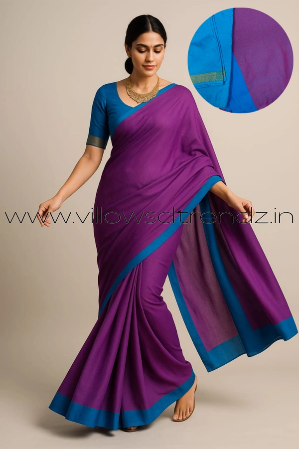 Ruthvi Ethincs Border Khadi With Ajrakh Blouse BK3802301 - Purple, Saree With Blouse