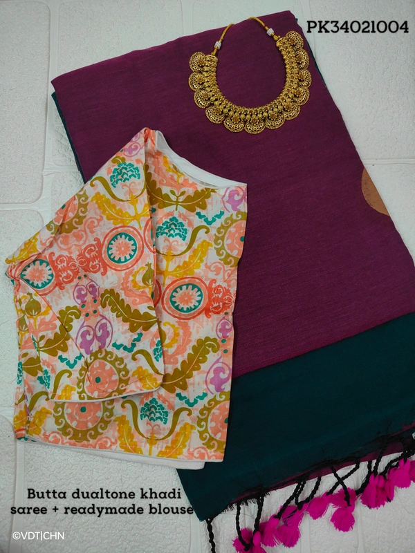 Ruthvi Ethincs Butta Dualtone khadi Cotton Saree With Blouse PK34021004 - Purple, Saree With Blouse