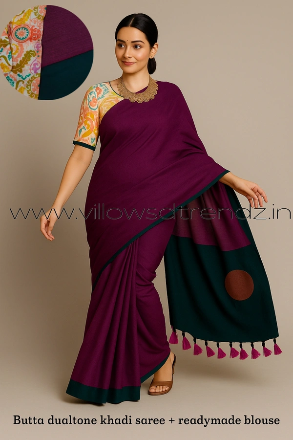 Ruthvi Ethincs Butta Dualtone khadi Cotton Saree With Blouse PK34021004 - Purple, Saree With Blouse