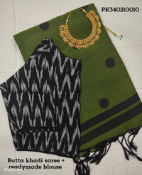 Ruthvi Ethincs Butta Khadi Cotton Saree With Blouse PK340210010 - Green, Saree With Blouse