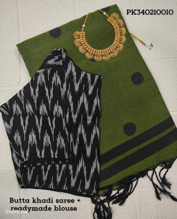 Ruthvi Ethincs Butta Khadi Cotton Saree With Blouse PK340210010 - Green, Saree With Blouse