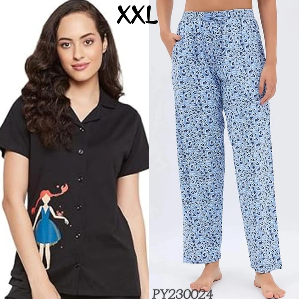 Clovia Button Down Shirt & Pyjama Set |100% Cotton| Black | PY230024 - 2XL, Black